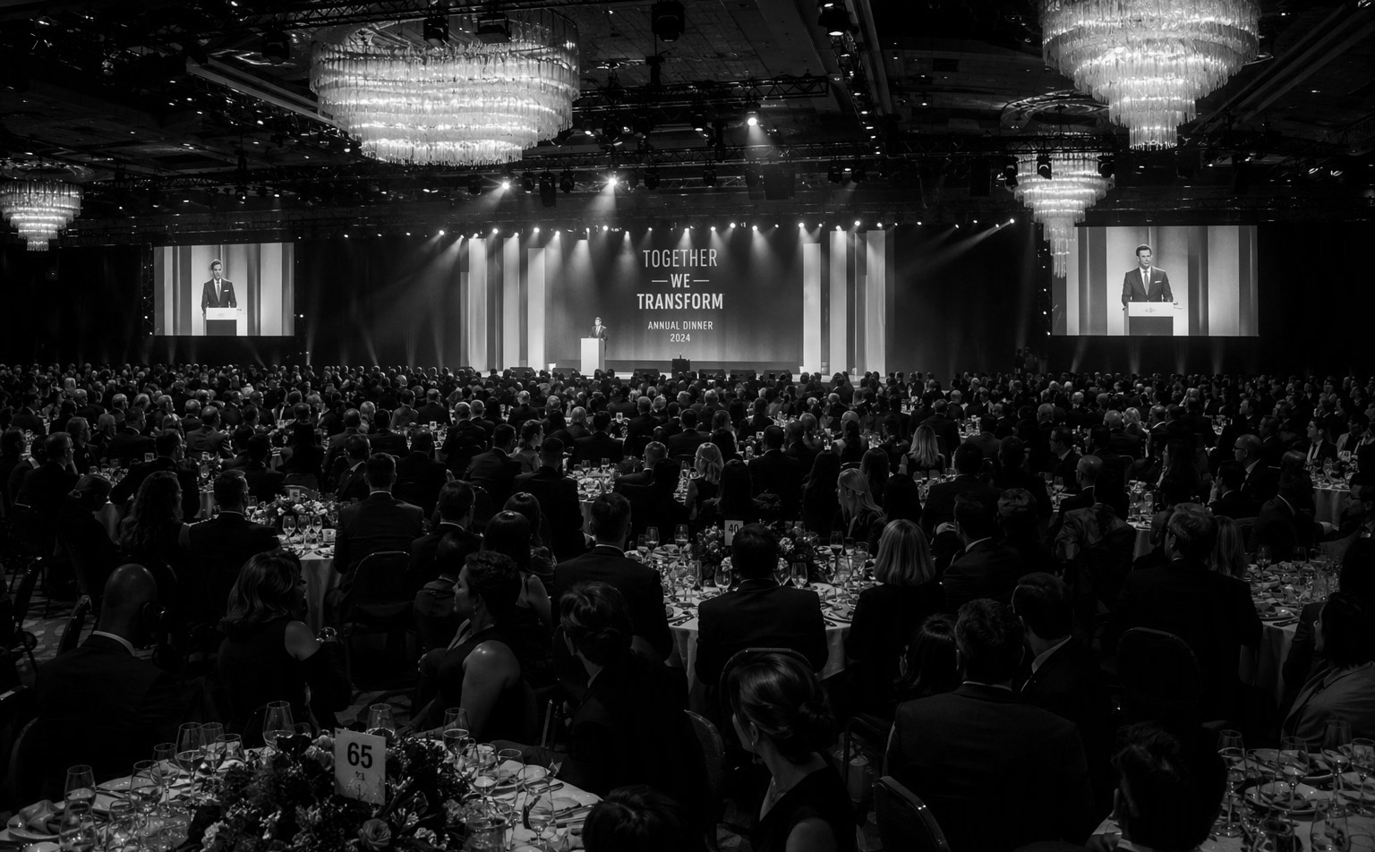 Corporate annual dinner in a Singapore hotel ballroom with stage production and seated guests