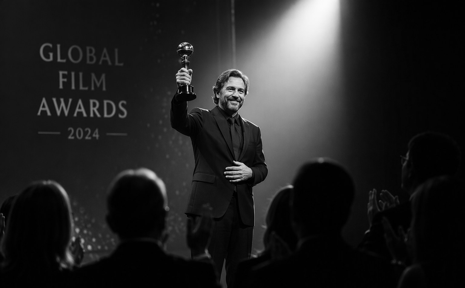 Award ceremony on stage at a Singapore gala event with winner receiving trophy under spotlights