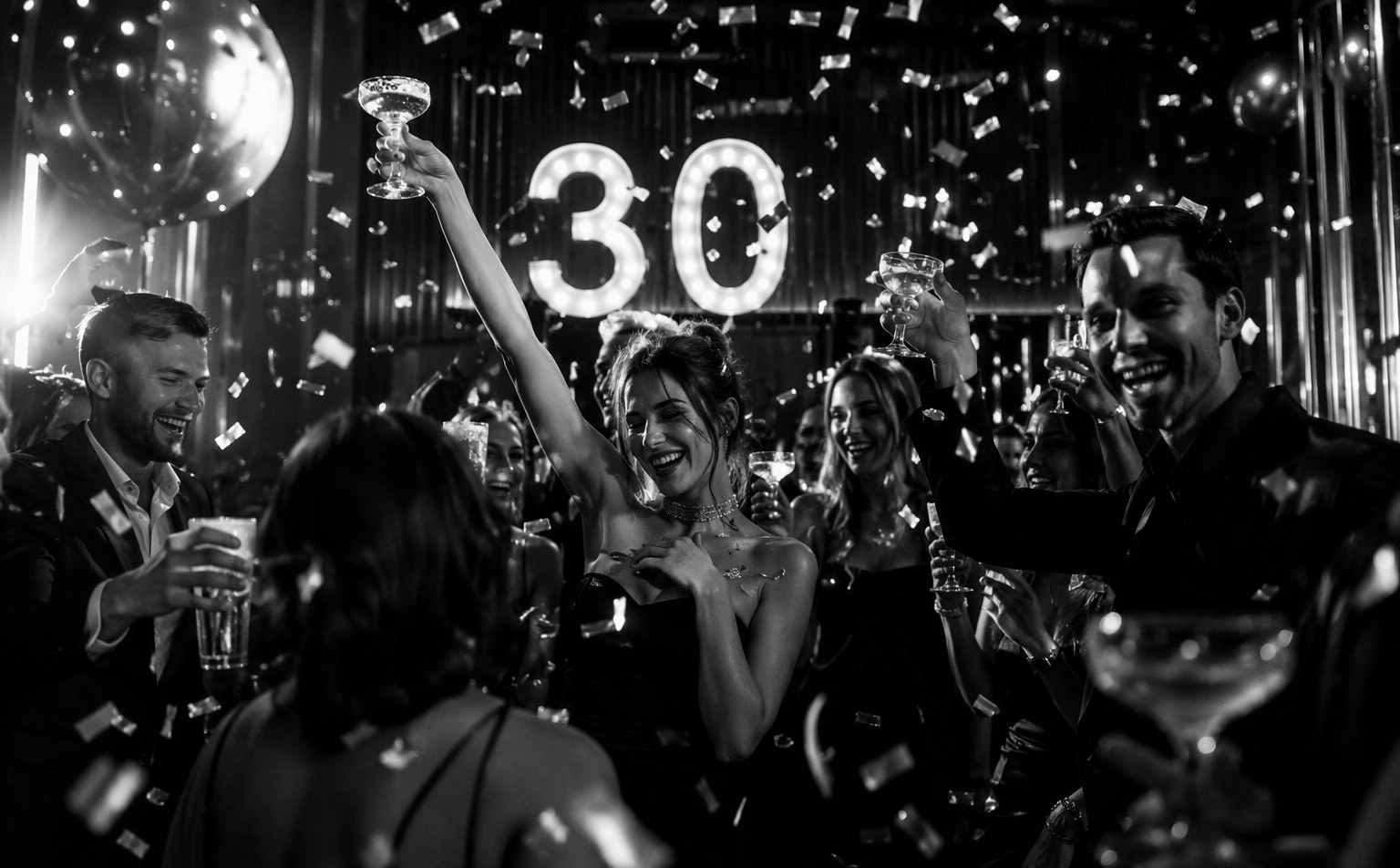 Guests celebrating at a themed 30th birthday party in Singapore with dramatic lighting and confetti