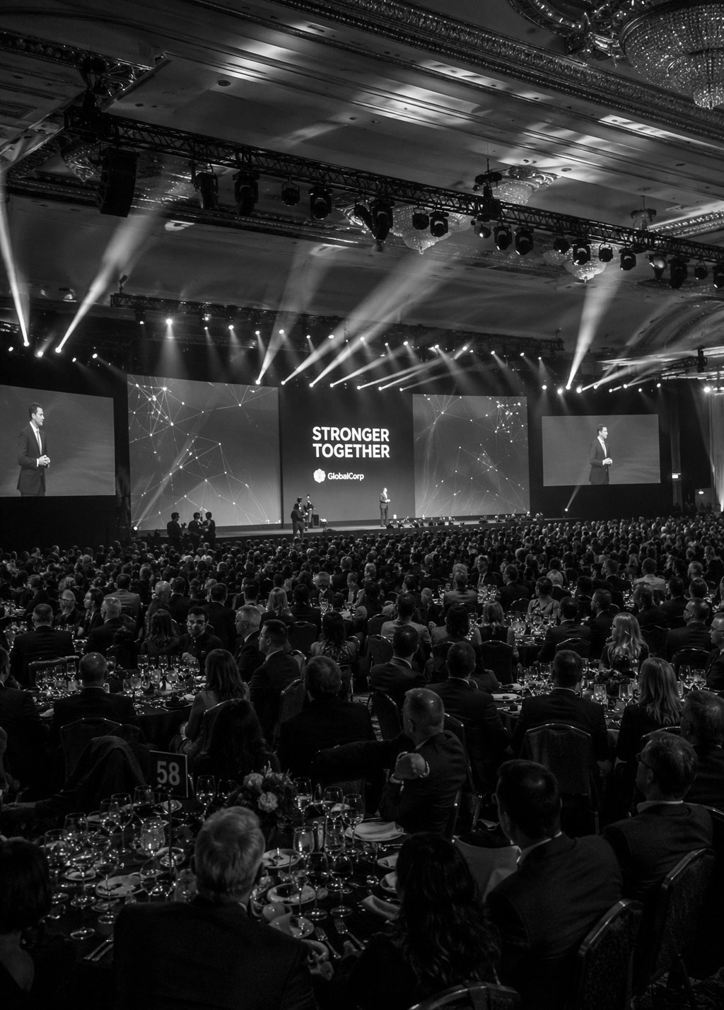 Large corporate event in a Singapore ballroom produced by a corporate event organiser, with stage, lighting and hundreds of guests