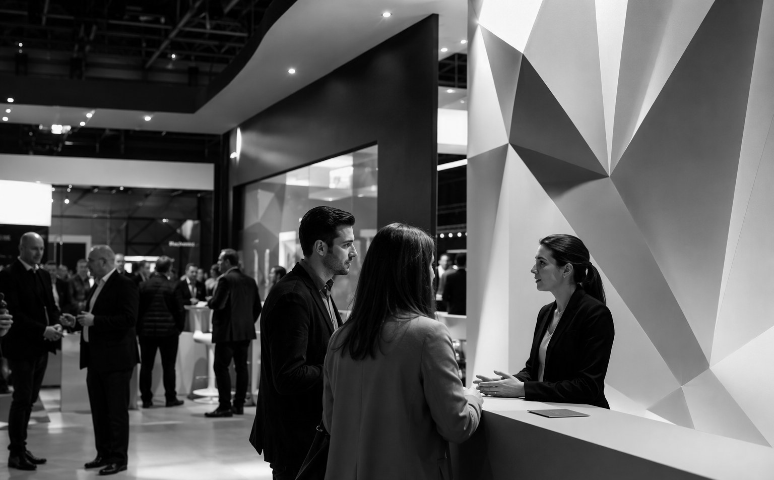 Visitors engaging at a custom-designed exhibition stand during a trade show at Suntec Singapore