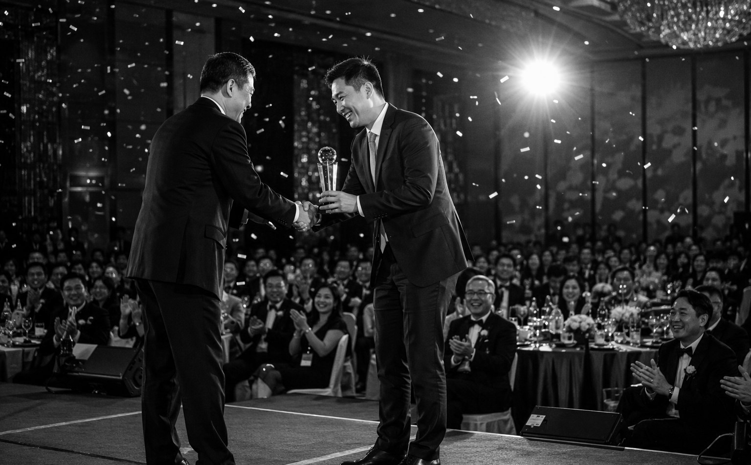 Awards presentation on stage at a Singapore company dinner and dance with confetti