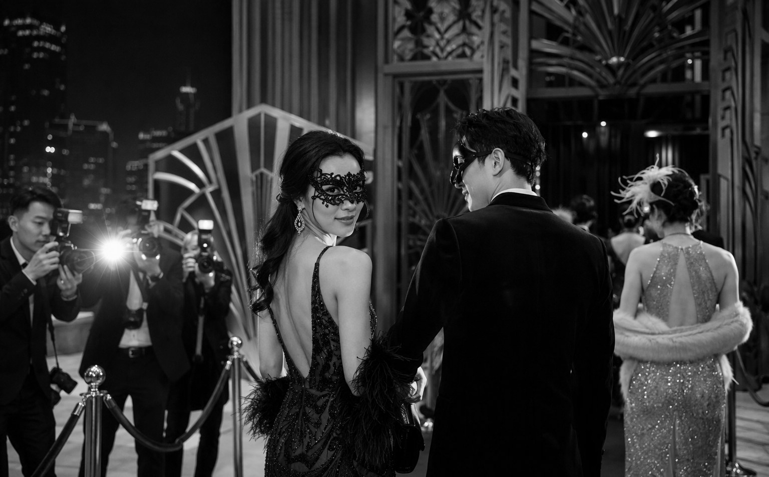 Masquerade themed dinner and dance red carpet arrival at a Singapore ballroom