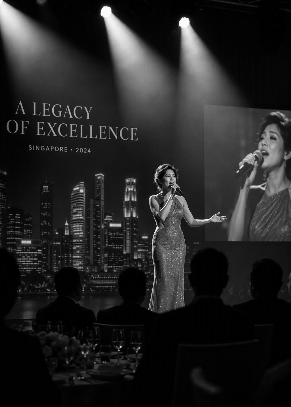 Performer on stage at a corporate event in Singapore produced by an entertainment agency, with dramatic spotlights and crowd silhouettes