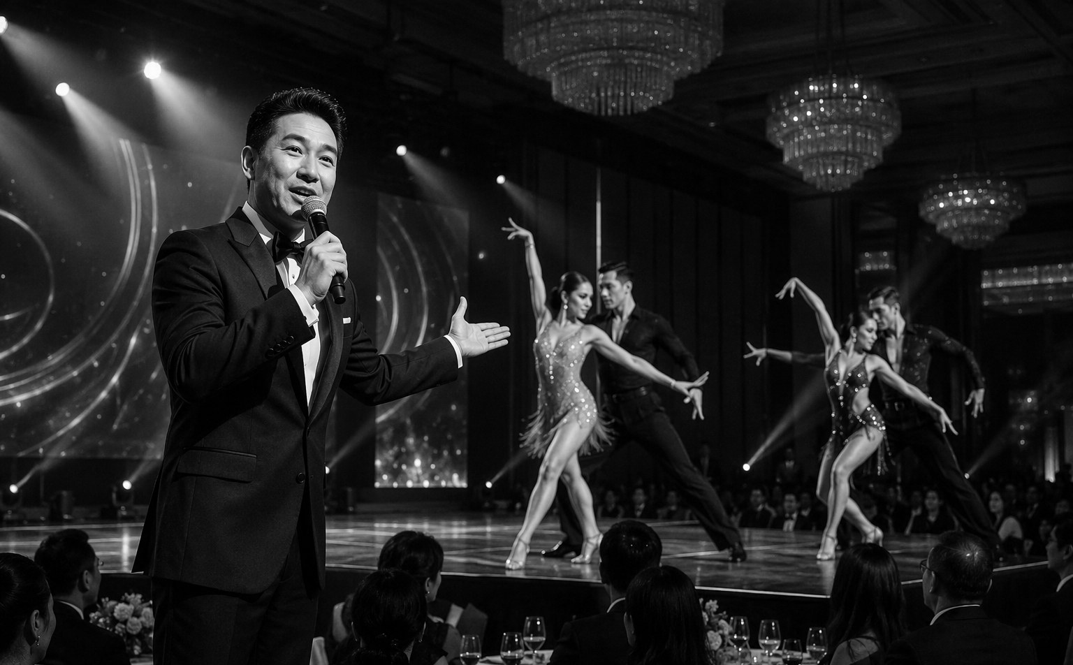 Bilingual emcee and dancers on stage at a Singapore dinner and dance event