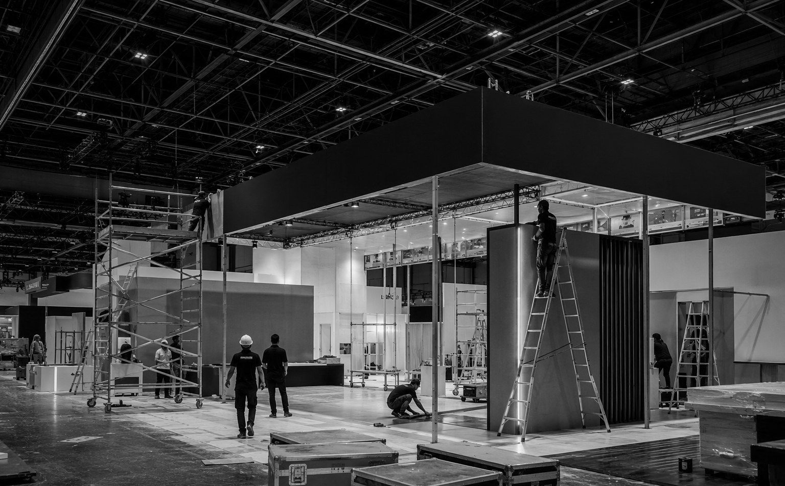 Large custom exhibition stand under construction at Singapore Expo with brand graphics and meeting area