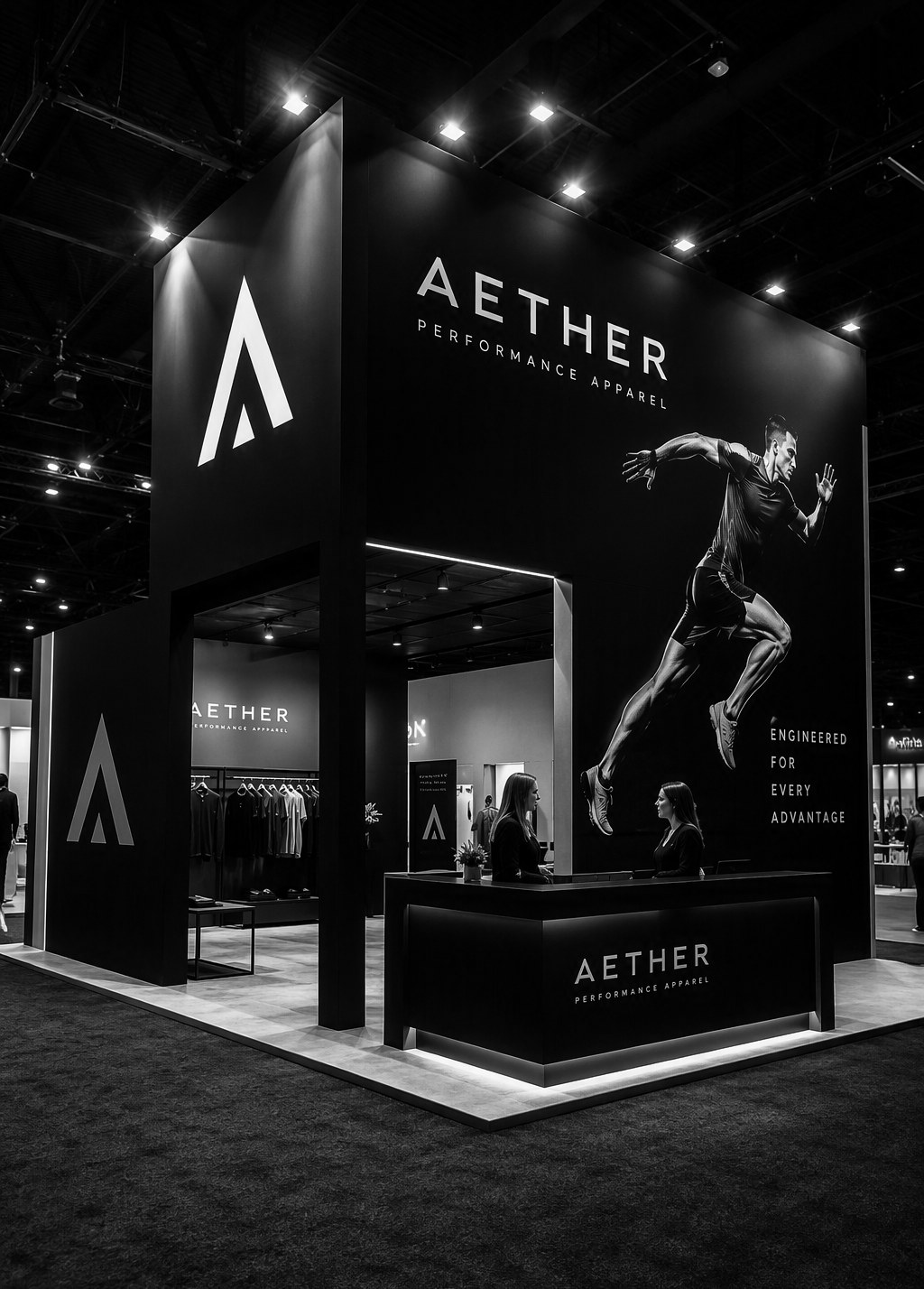Custom exhibition booth with dramatic lighting at a Singapore trade show, designed and built by an exhibition booth contractor
