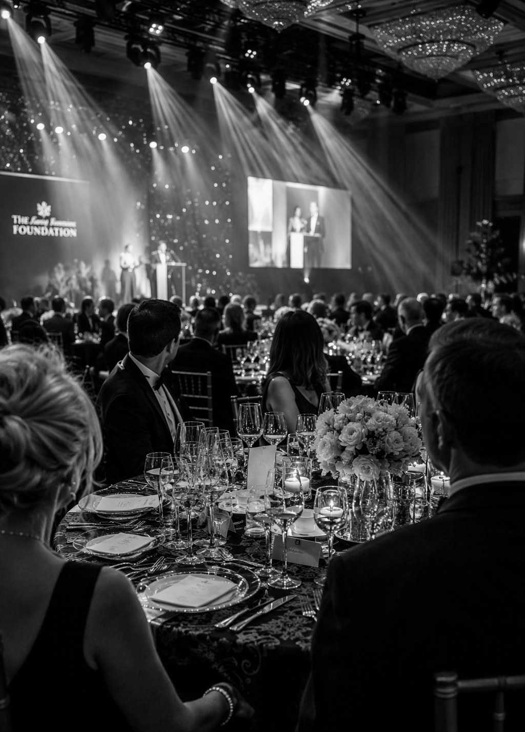 Elegant gala dinner ballroom in Singapore with round tables, stage lighting and formal table settings