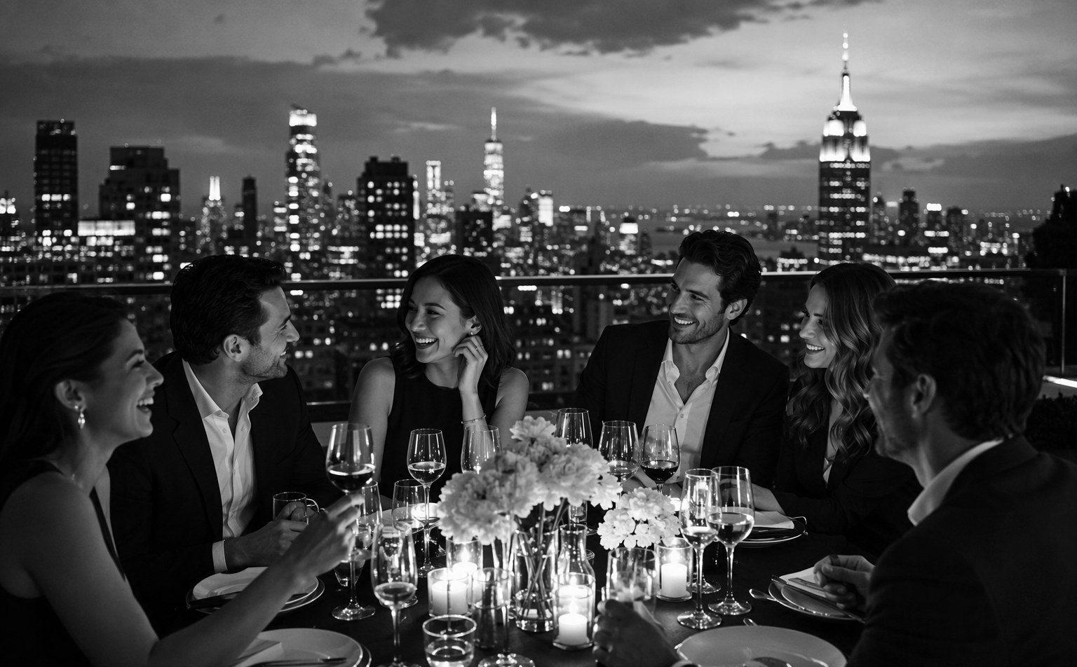 Corporate incentive trip group at a Singapore rooftop dinner with skyline views