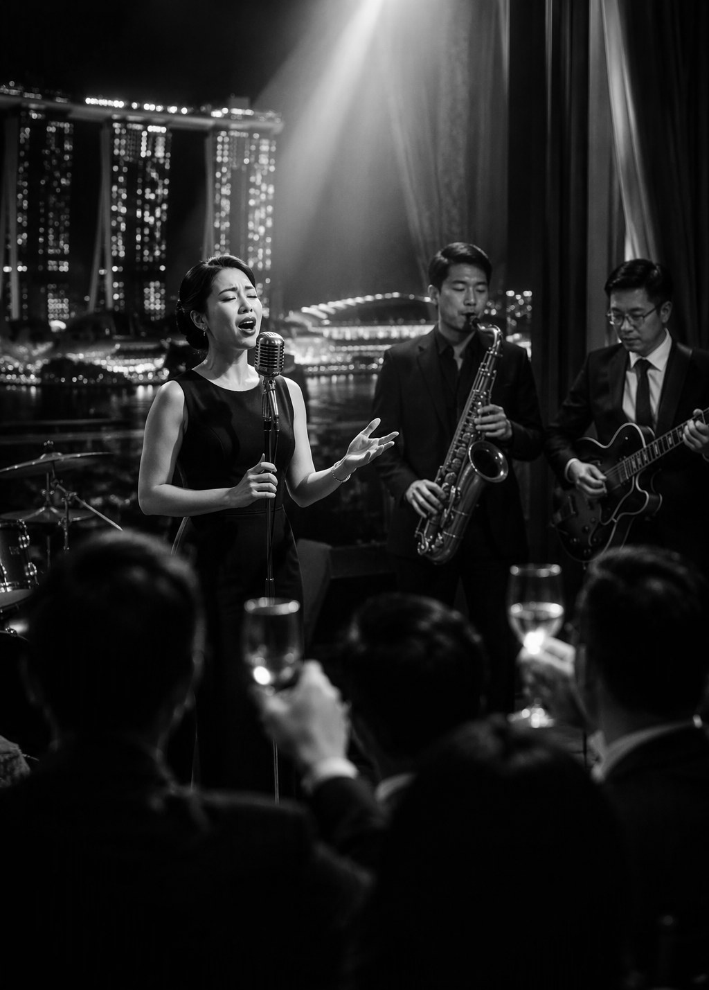 Live band performing at an elegant corporate gala in Singapore, with lead singer and saxophonist under spotlights