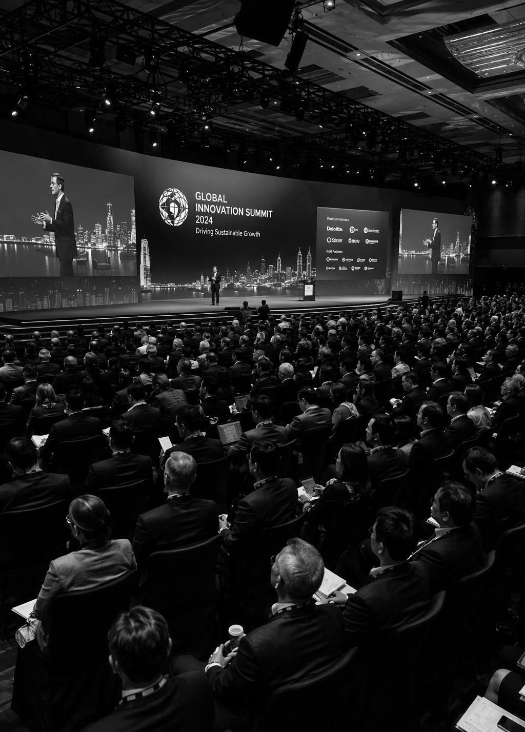 Large conference during a MICE event in Singapore with stage, LED screens and hundreds of delegates