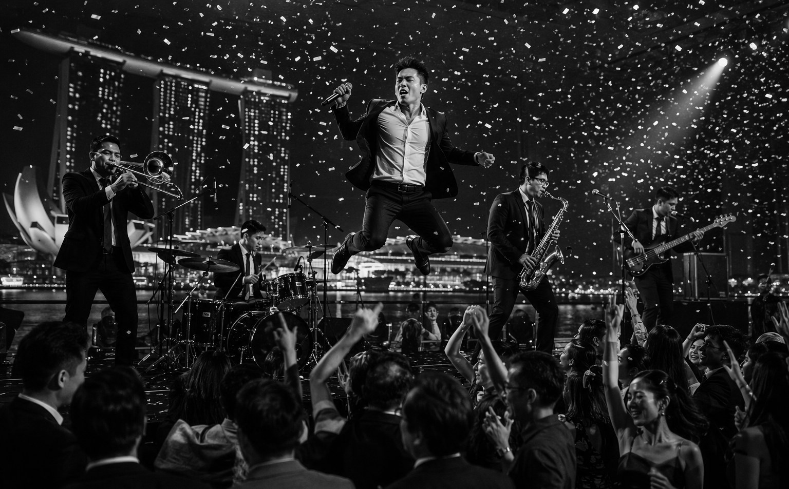 Five-piece party band with brass section performing at a Singapore corporate dinner and dance