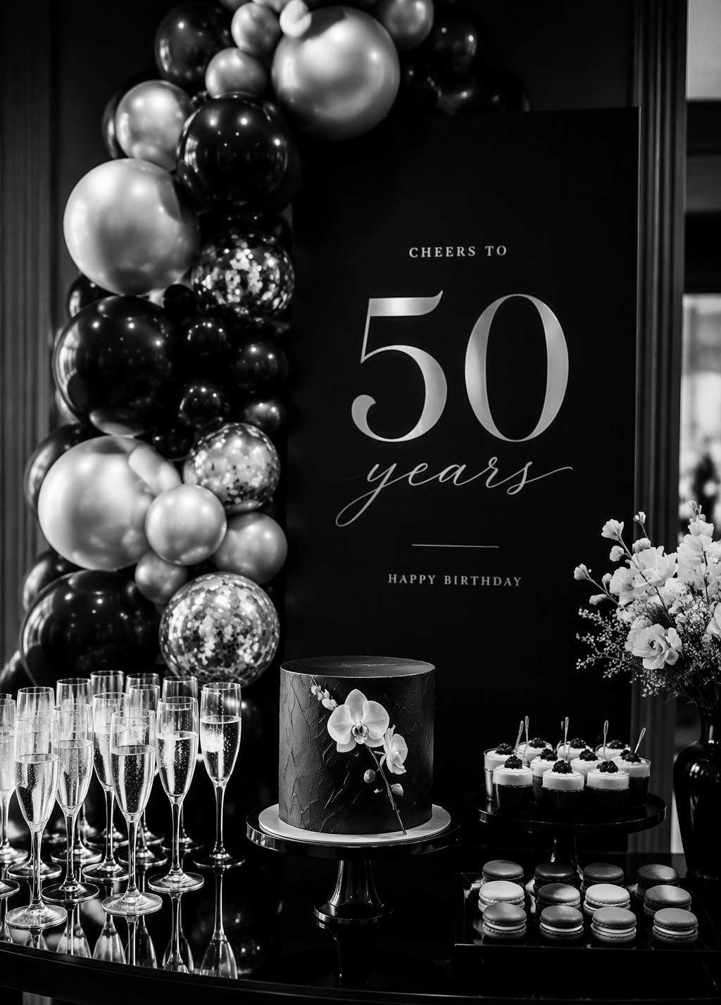 Styled milestone birthday party in Singapore planned by a party planner, with balloon installation and dessert table